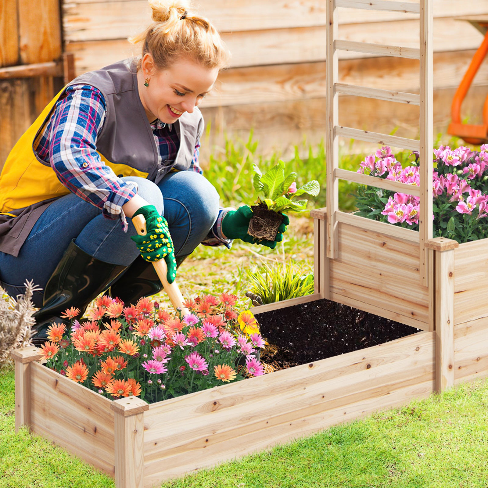 Raised Garden Bed with Trellis and 2 Compartments-Rustic Brown