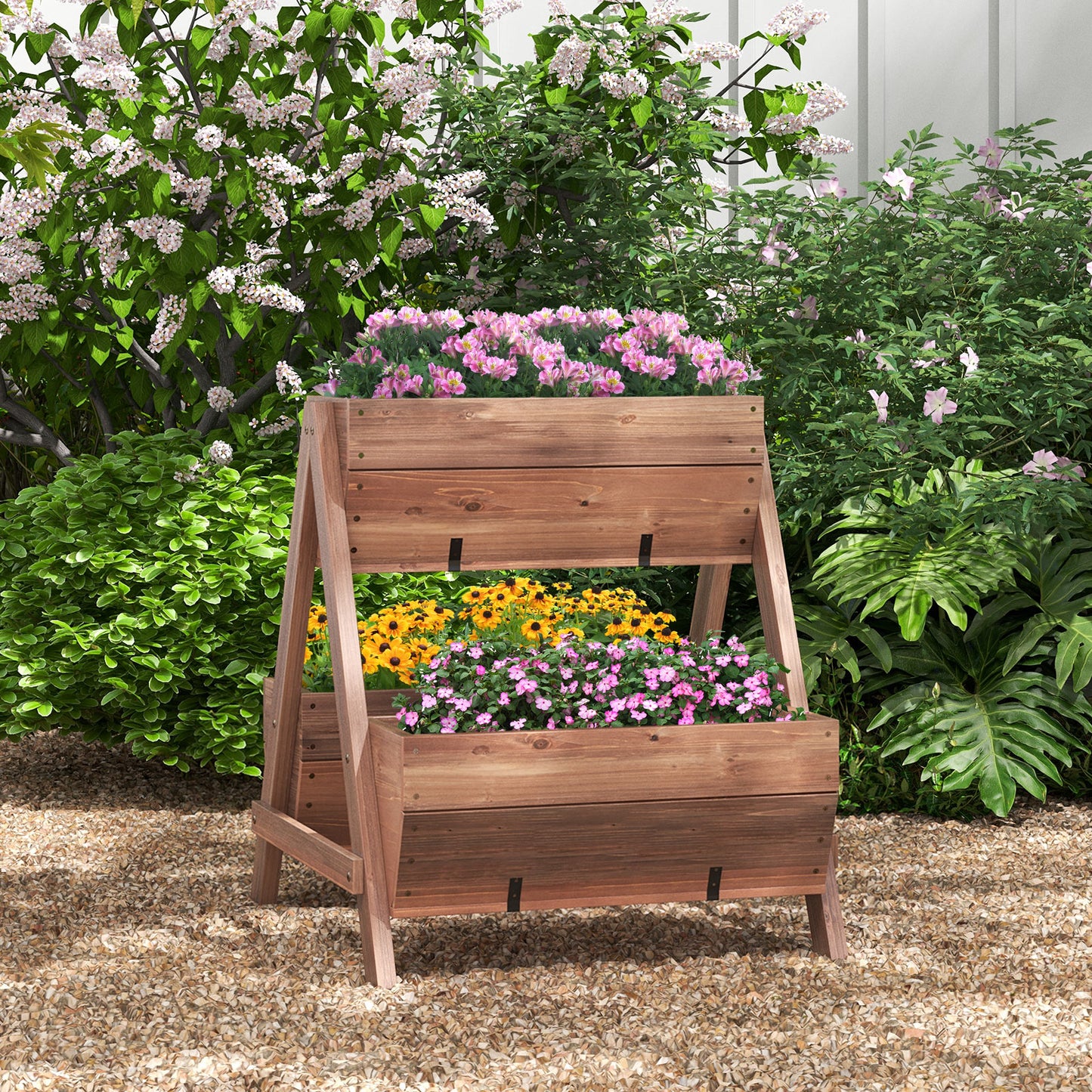 Vertical Raised Garden bed with 3 Wooden Planter Boxes and Drainage Holes-Brown