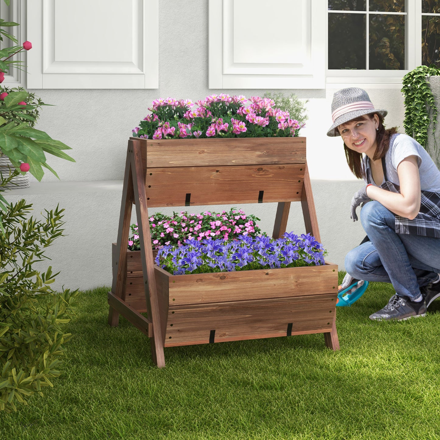 Vertical Raised Garden bed with 3 Wooden Planter Boxes and Drainage Holes-Brown