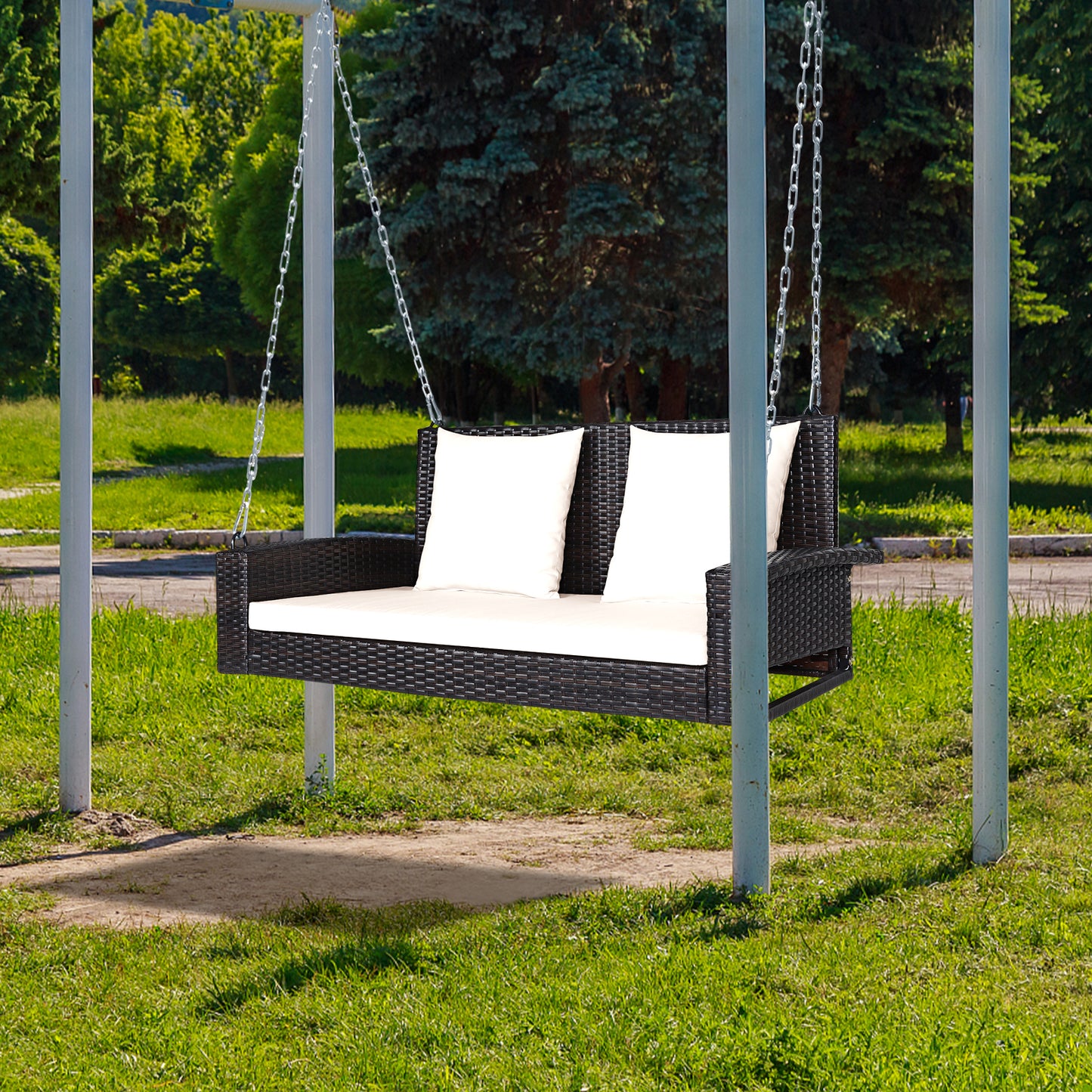 2-Seat Patio Rattan Porch Swing with Two Solid Steel Chains-White