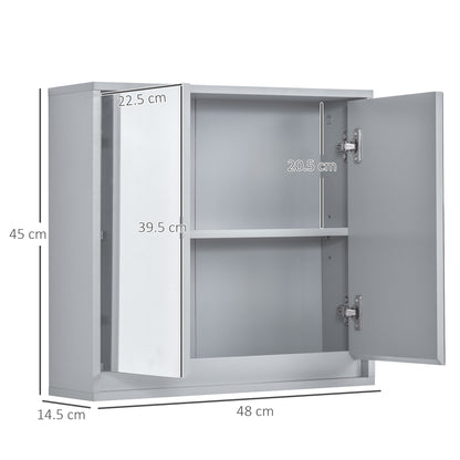 HOMCOM Mirror Cabinet for Bathroom Mirror Cupboard Wall Mounted Storage Shelf Bathroom Cupboard Double Door - 48L x 14.5W x 45H cm