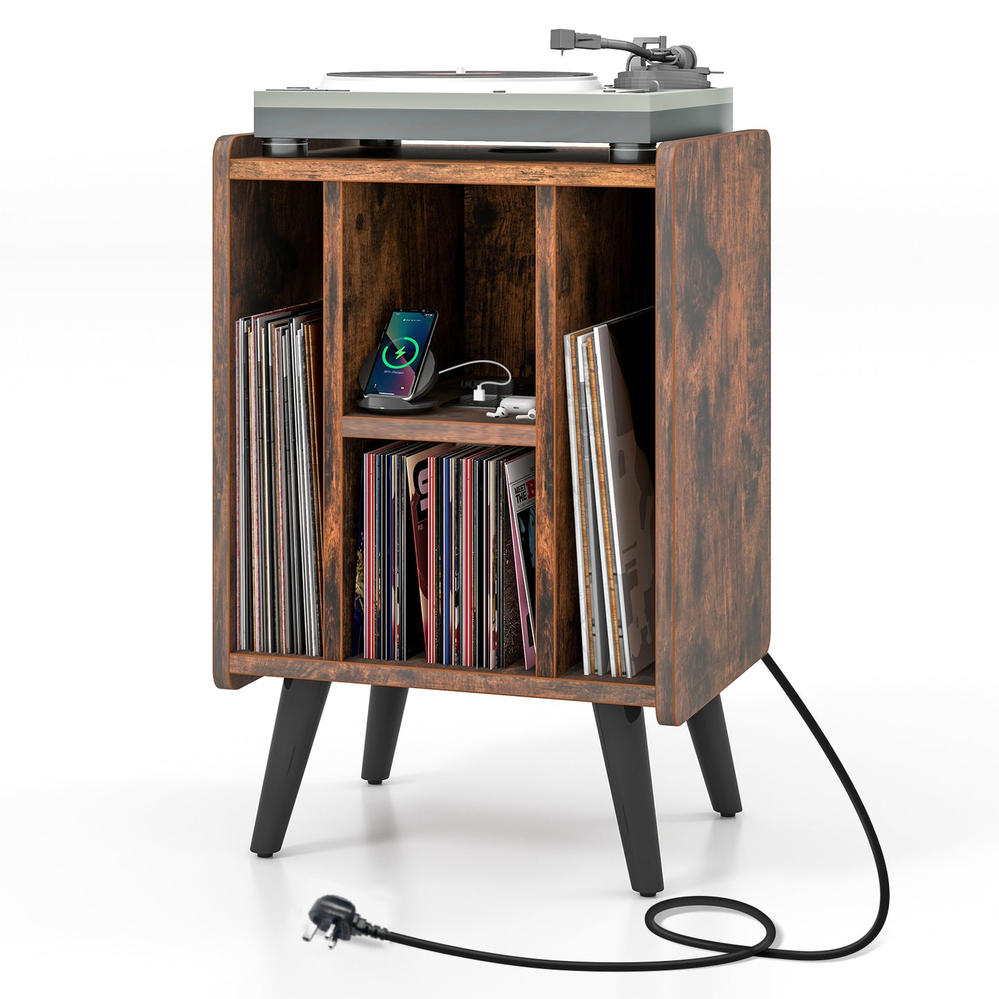 Record Player Stand with 4 Open Shelves Power Outlet USB Charging Port-Brown