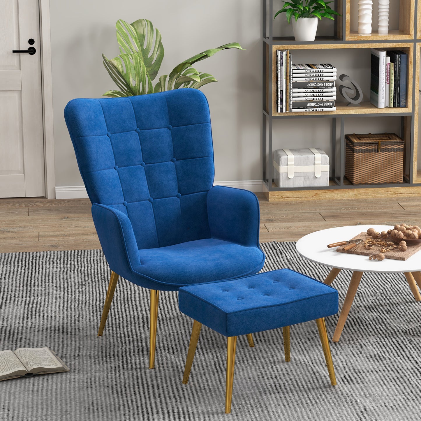 HOMCOM Upholstered Armchair w/ Footstool Set, Modern Button Tufted Accent Chair w/ Gold Tone Steel Legs, Wingback Chair, Dark Blue