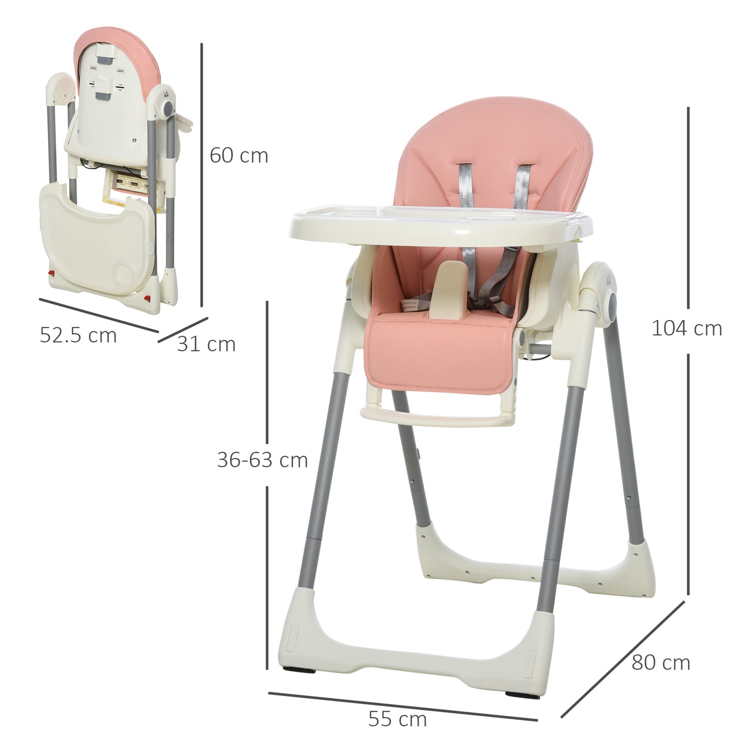 HOMCOM Foldable Baby High Chair Convertible to Toddler Chair Height Adjustable with Removable Tray 5-Point Harness Mobile with Wheels Pink