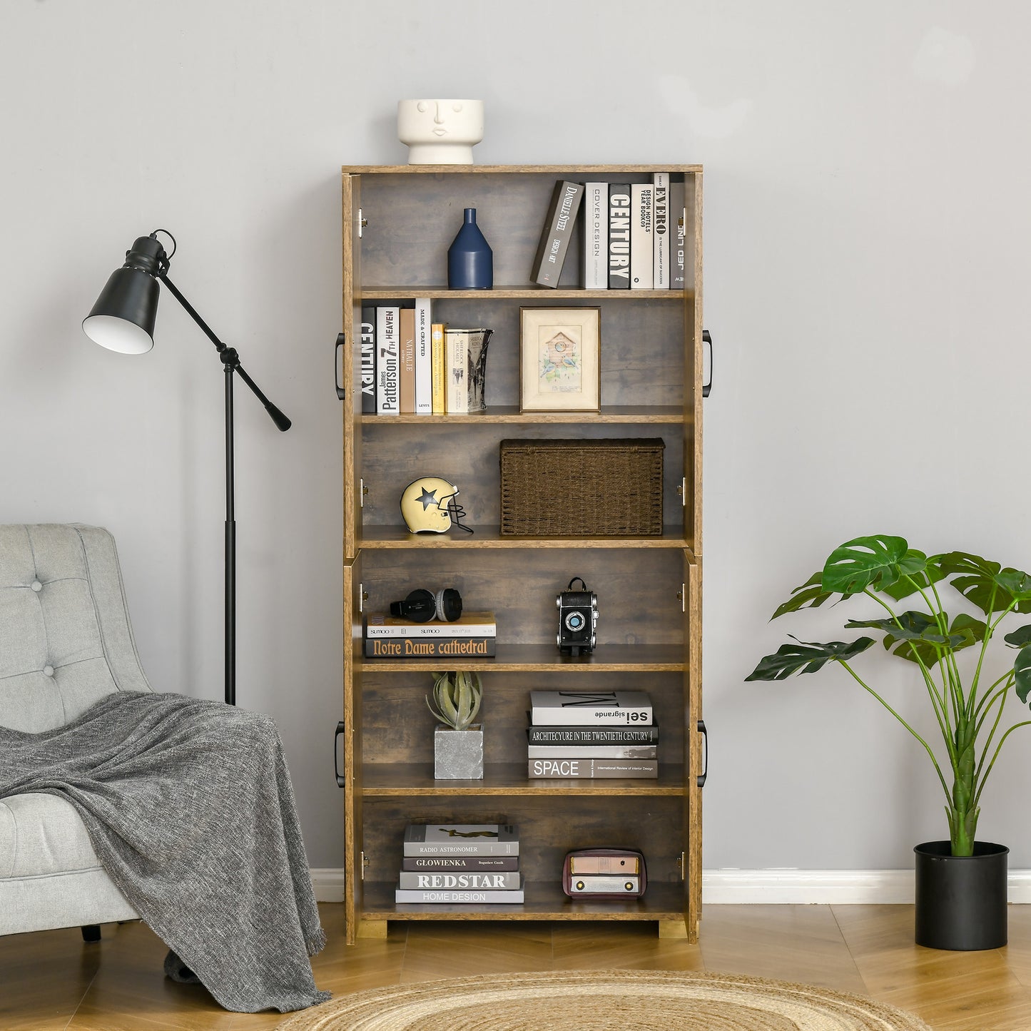 HOMCOM Farmhouse Style Tall Cupboard 4-Door Cabinet with Storage Shelves for Bedroom & Living Room, Rustic Wood Effect