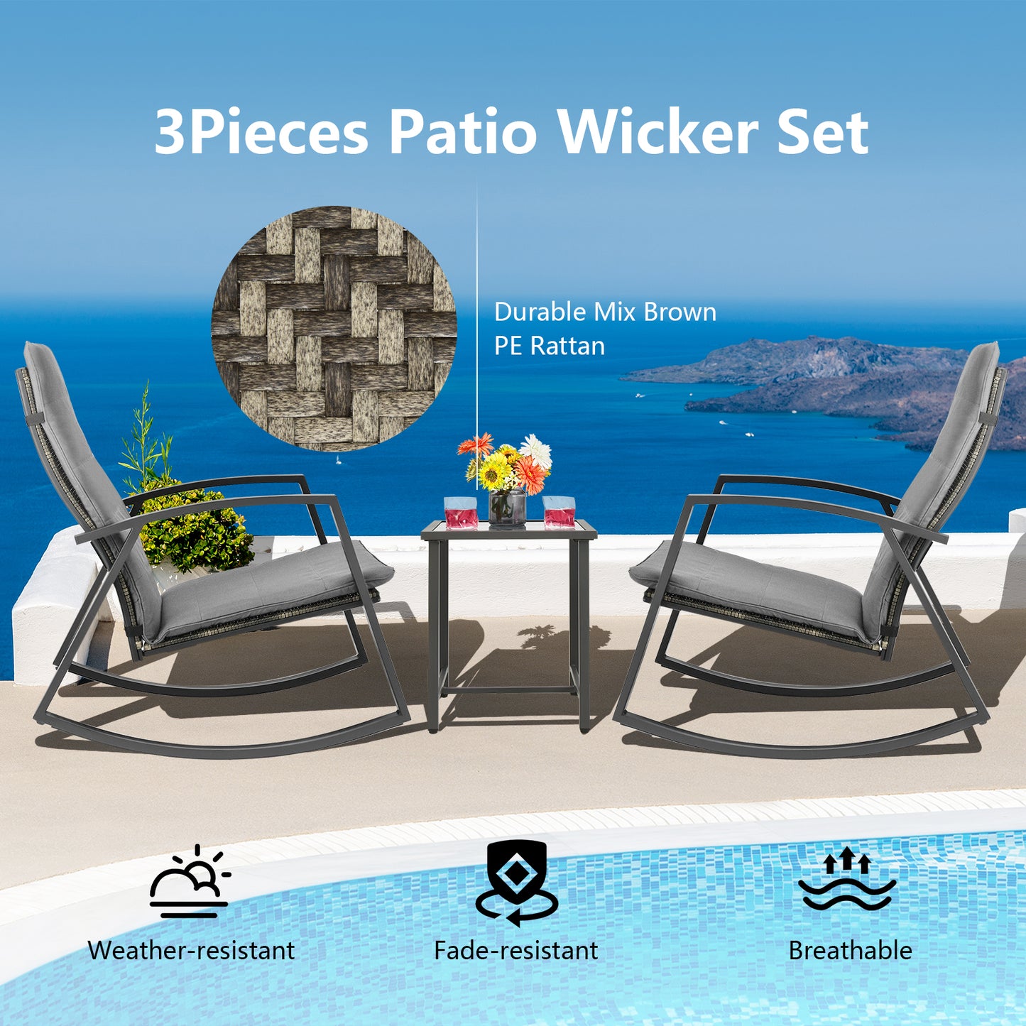 PE Rattan Rocking Chairs with Tempered Glass Side Table-Grey