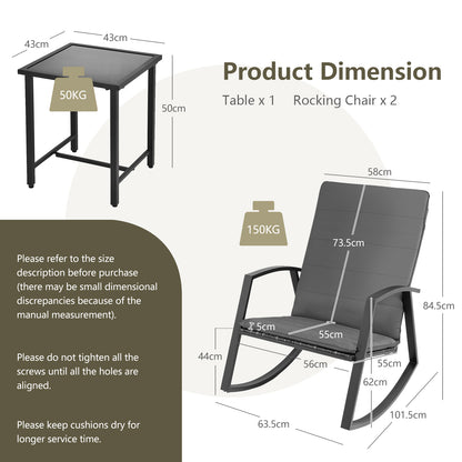 PE Rattan Rocking Chairs with Tempered Glass Side Table-Grey