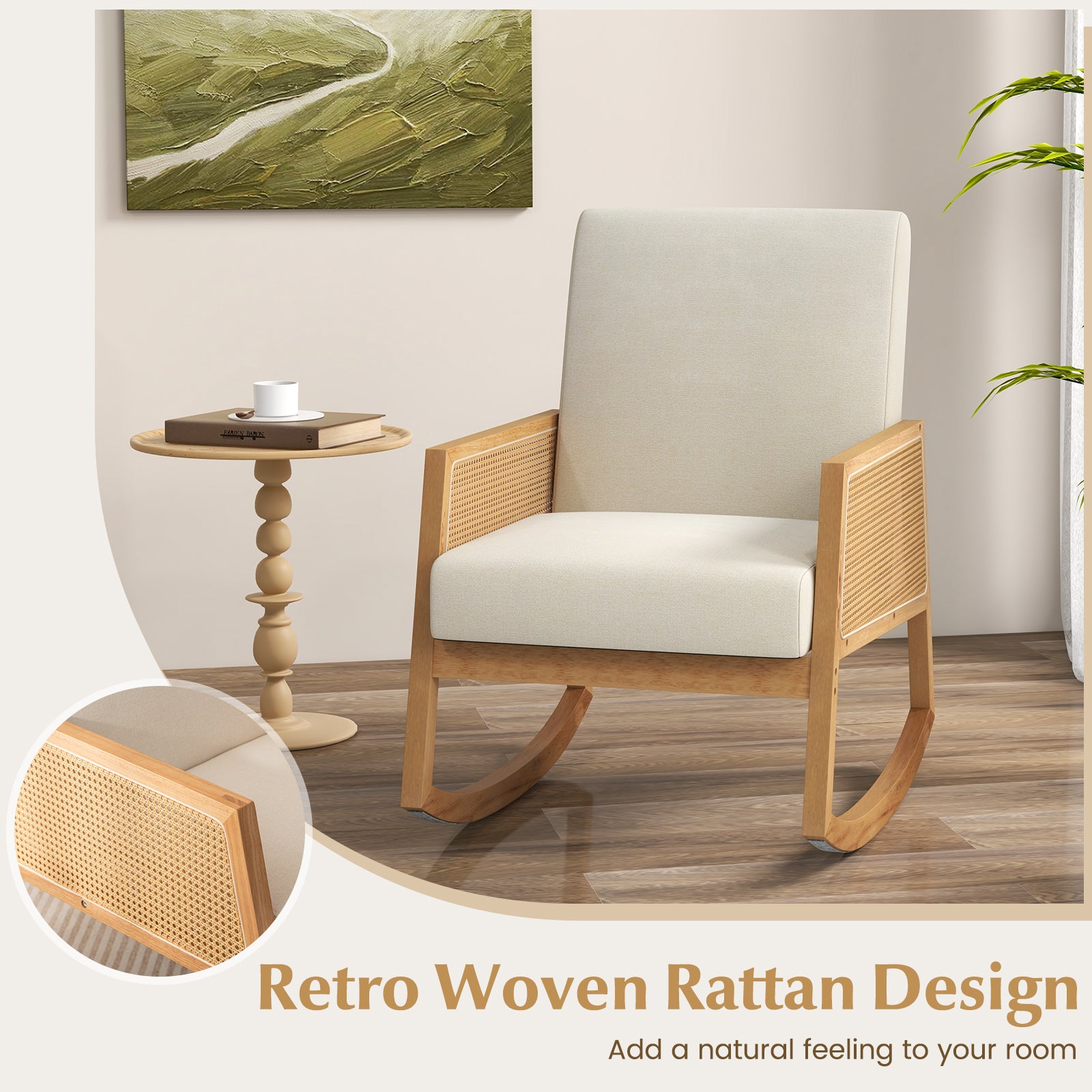 Rocking Chair with Rattan Armrests and Upholstered Cushion-Beige