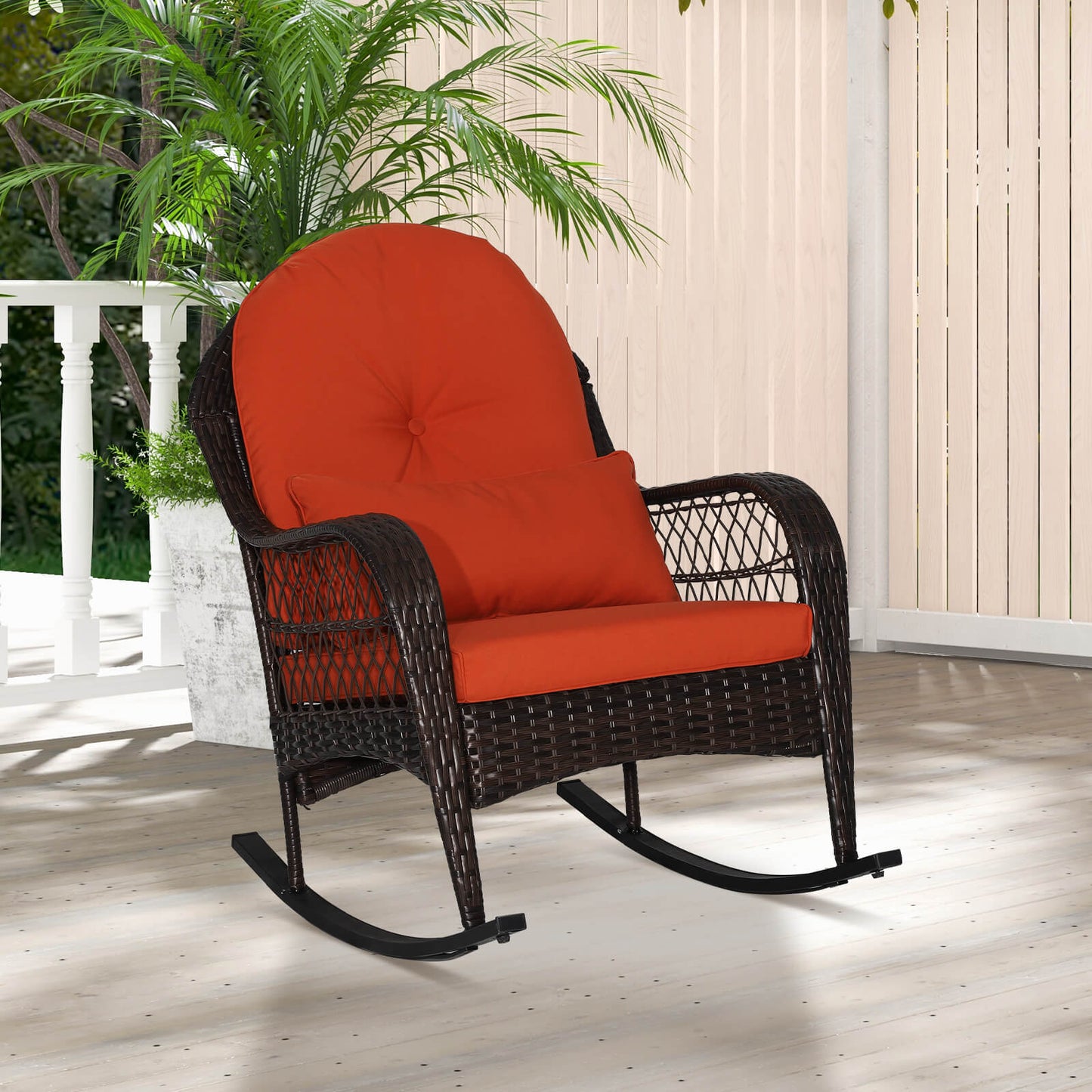 Patio Rattan Rocking Chair with Seat Back Cushions and Waist Pillow-Red