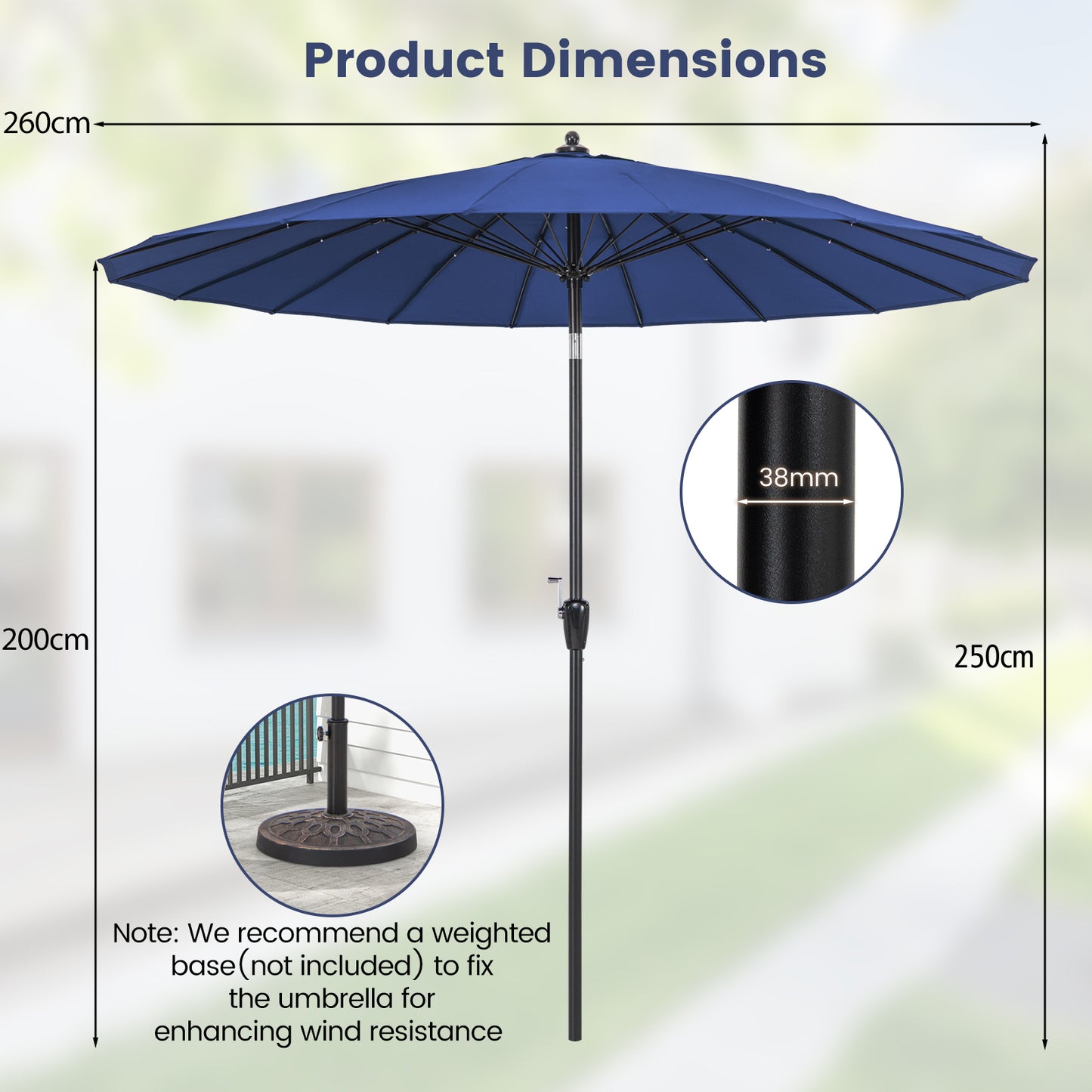 260 cm Round Patio Umbrella with 18 Fiberglass Ribs-Navy