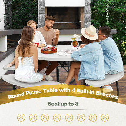 8-person Round Picnic Table Bench Set with 4 Benches and Umbrella Hole-White