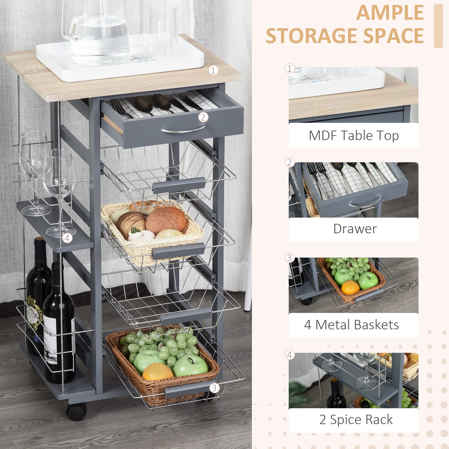 HOMCOM Kitchen Trolley, Multi-Use Kitchen Island w/ 4 Baskets 2 Side Racks 4 Wheels Food Storage Smooth Rolling Compact Furniture Dark Grey