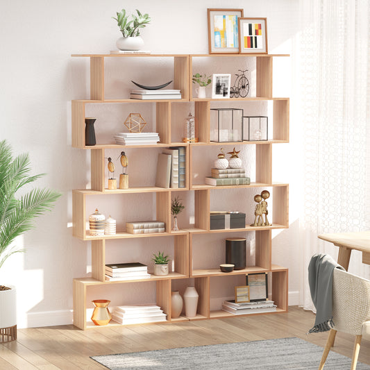 HOMCOM Wooden Wood S Shape Storage Display 6 Shelves Room Divider Unit Chest Bookshelf Bookcase Cupboard Cabinet Home Office Furniture (Maple)