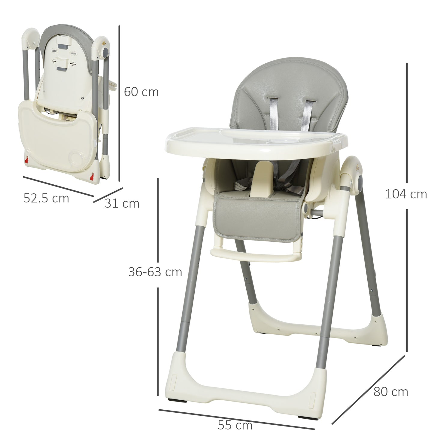 HOMCOM Foldable Baby High Chair Convertible to Toddler Chair Height Adjustable with Removable Tray 5-Point Harness Mobile with Wheels Grey