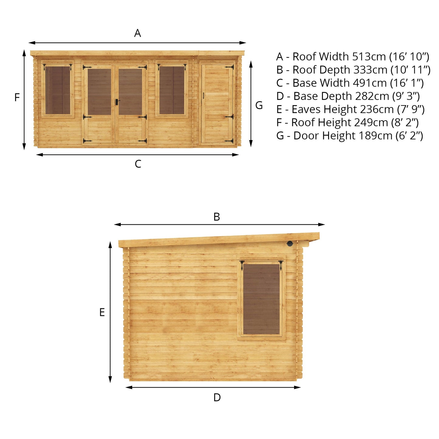 5.1M X 3M Pent Log Cabin With Side Shed - 19Mm