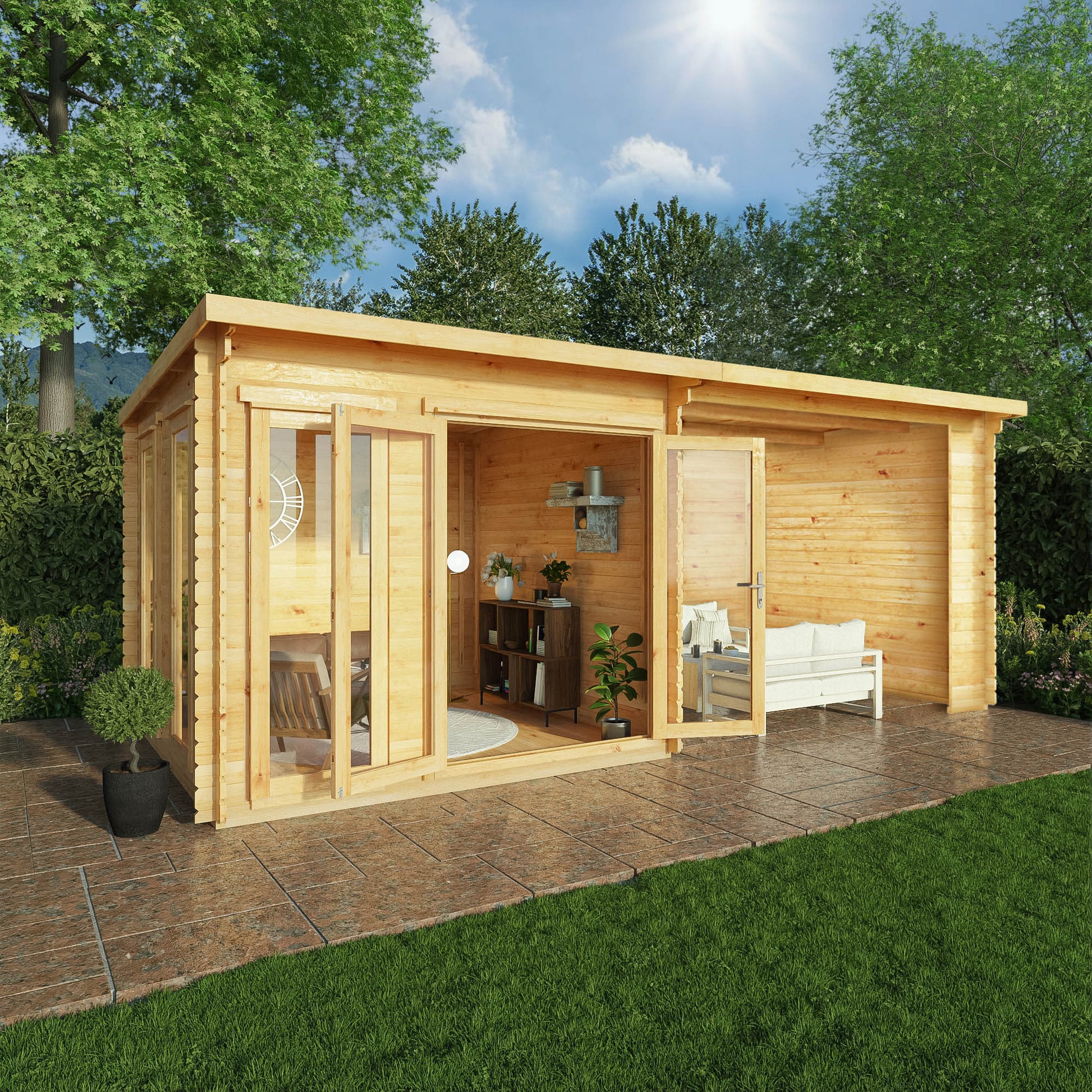 6M X 3M Studio Pent Log Cabin With Patio Area - 28Mm