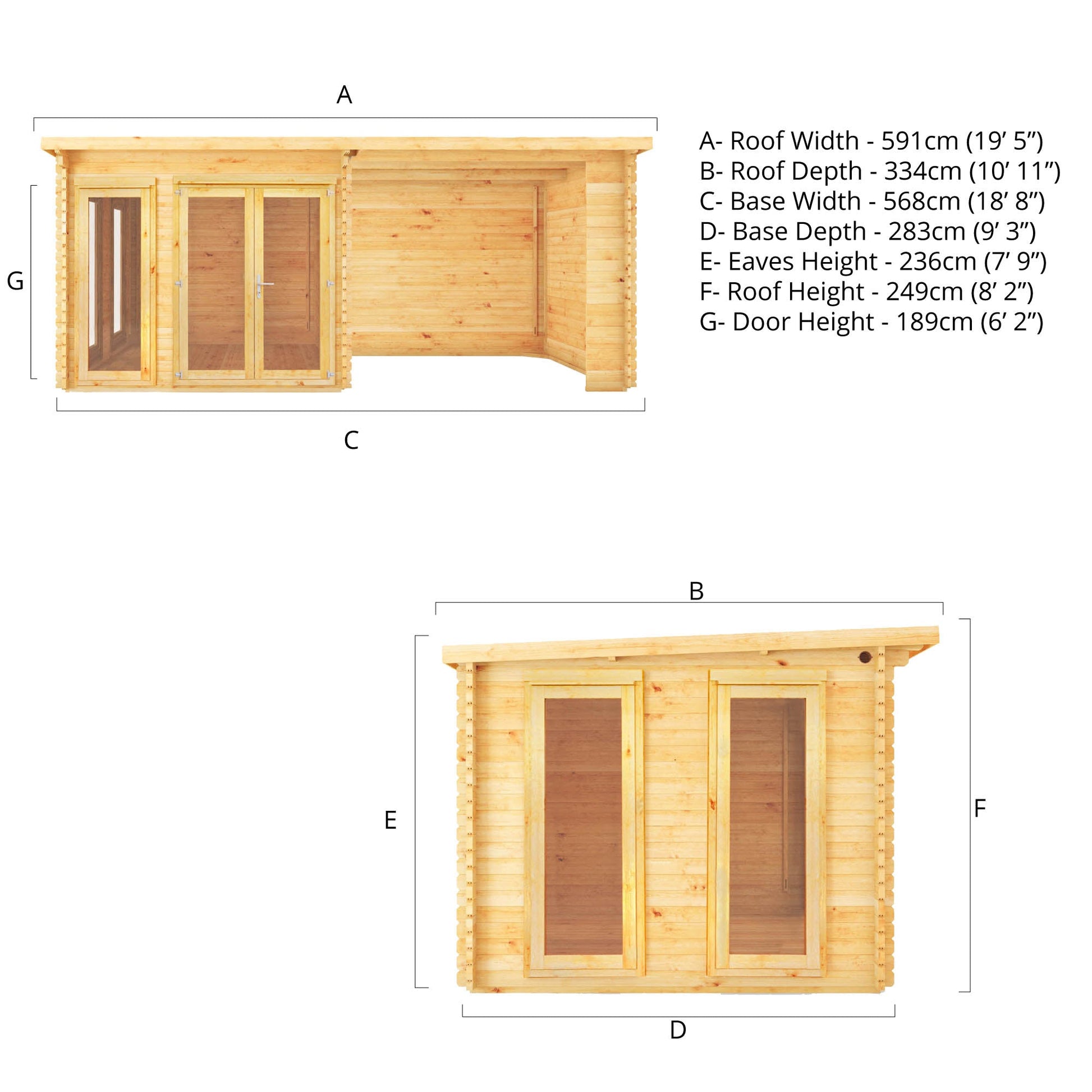 6M X 3M Studio Pent Log Cabin With Patio Area - 28Mm