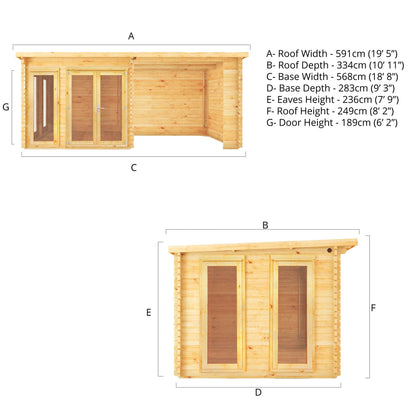 6M X 3M Studio Pent Log Cabin With Patio Area - 28Mm