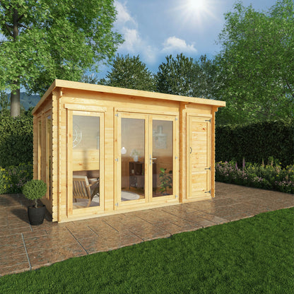 4.1M X 3M Studio Pent Log Cabin With Side Shed - 28Mm