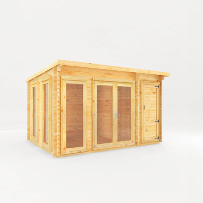 4.1M X 3M Studio Pent Log Cabin With Side Shed - 34Mm