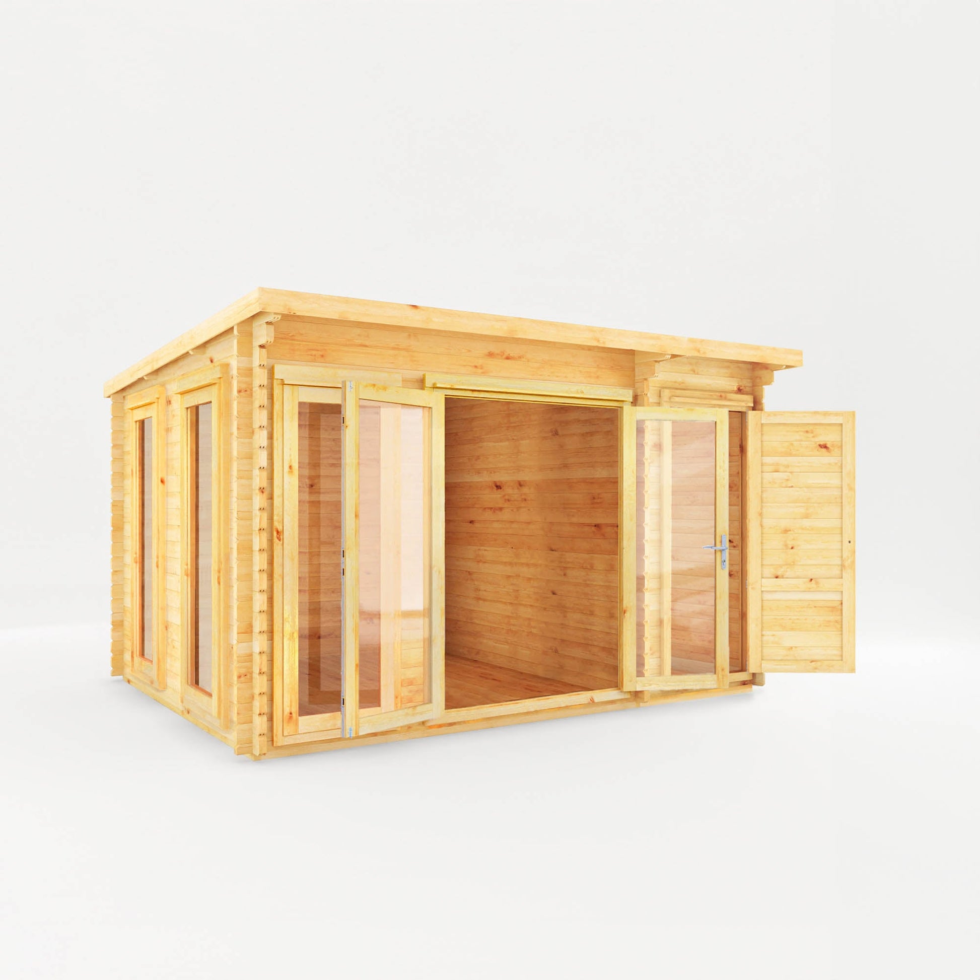 4.1M X 3M Studio Pent Log Cabin With Side Shed - 34Mm