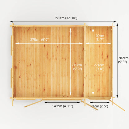 4.1M X 3M Studio Pent Log Cabin With Side Shed - 28Mm