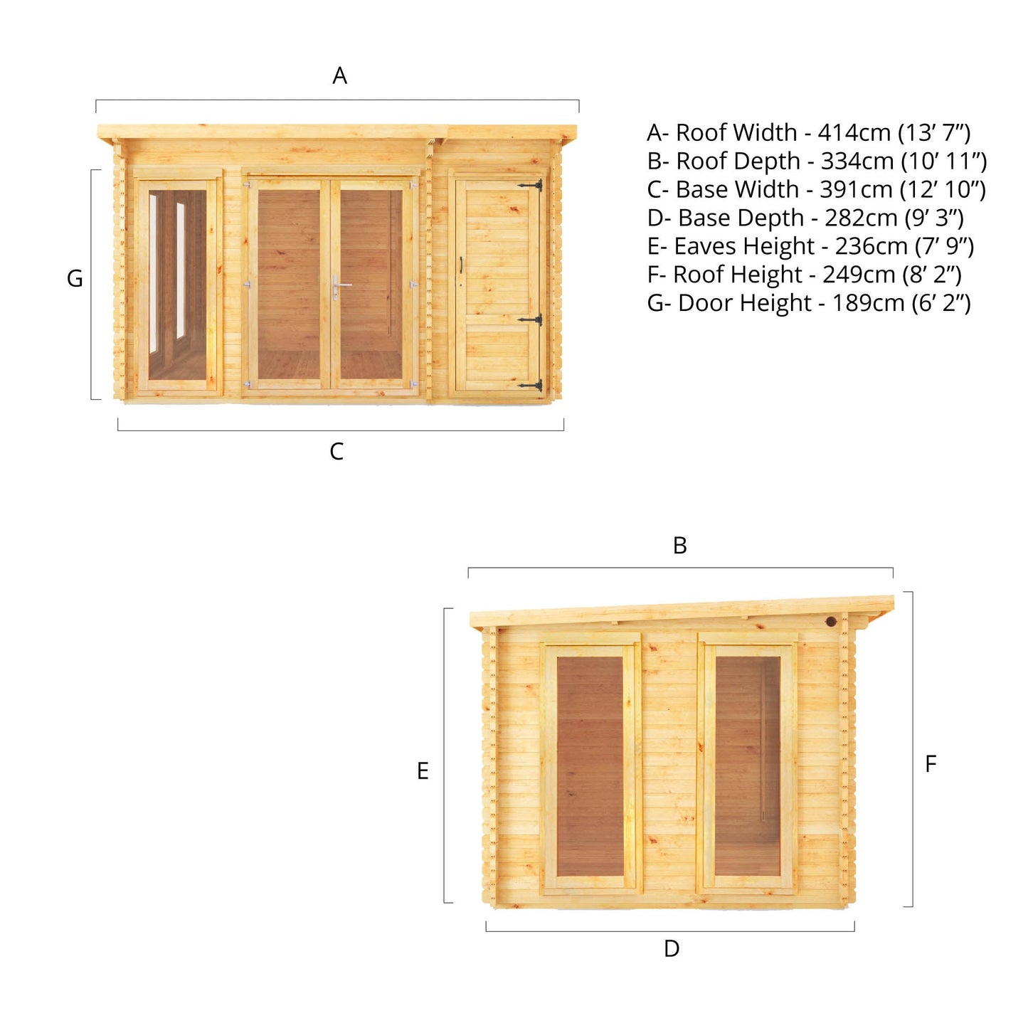 4.1M X 3M Studio Pent Log Cabin With Side Shed - 34Mm