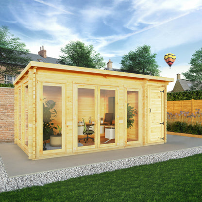 5.1M X 3M Studio Pent Log Cabin With Side Shed - 34Mm