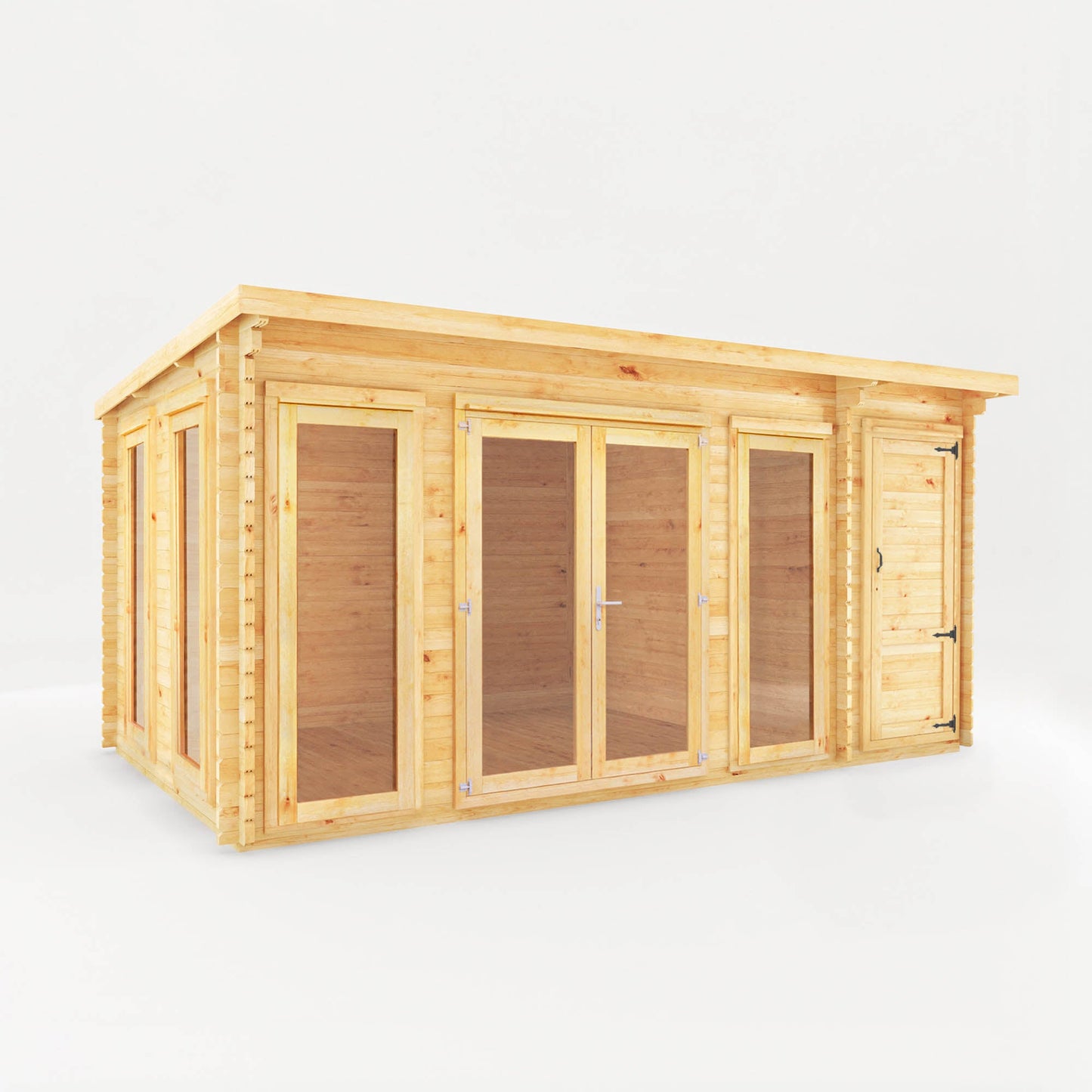 5.1M X 3M Studio Pent Log Cabin With Side Shed - 34Mm