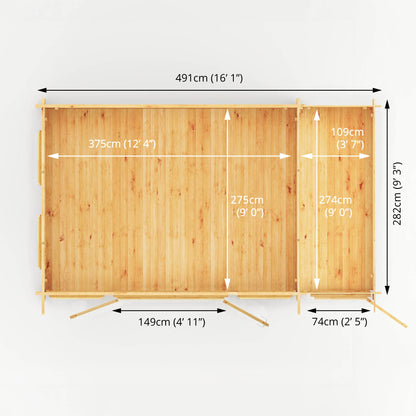 5.1M X 3M Studio Pent Log Cabin With Side Shed - 34Mm