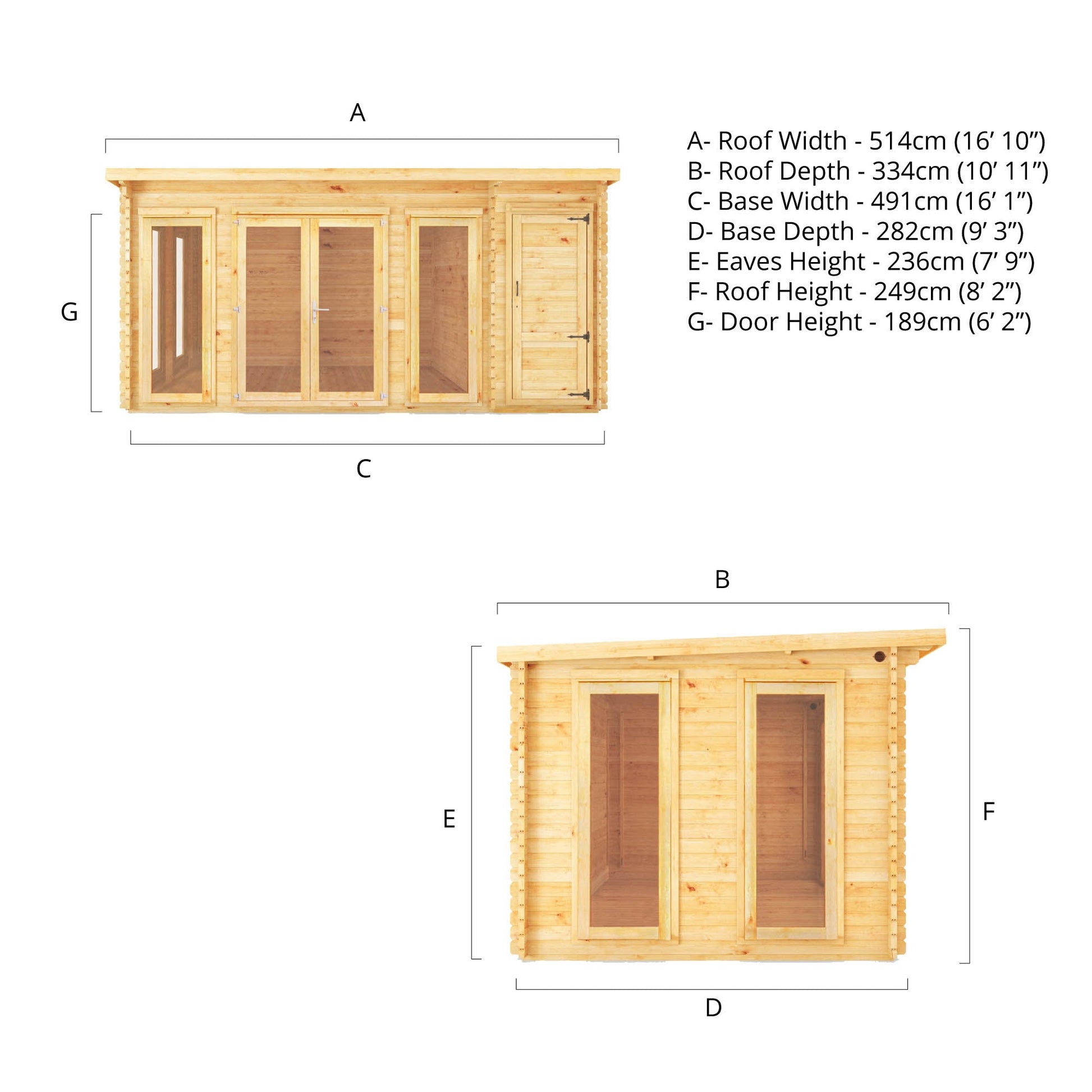 5.1M X 3M Studio Pent Log Cabin With Side Shed - 34Mm