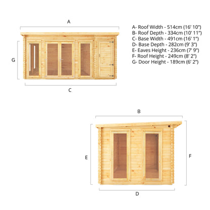 5.1M X 3M Studio Pent Log Cabin With Side Shed - 34Mm