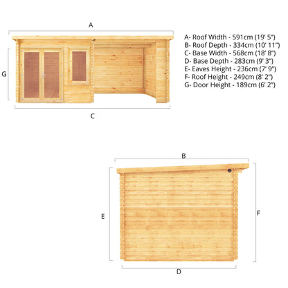 6M X 3M Elite Pent Log Cabin With Patio Area - 28Mm