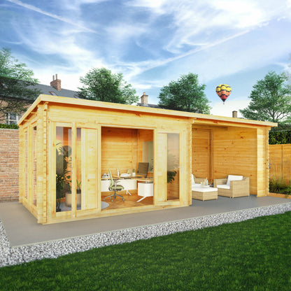 7M X 3M Studio Pent Log Cabin With Patio Area - 28Mm