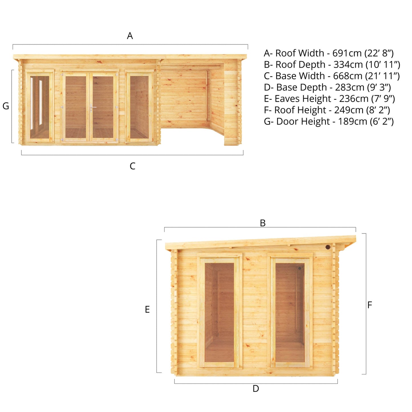 7M X 3M Studio Pent Log Cabin With Patio Area - 28Mm