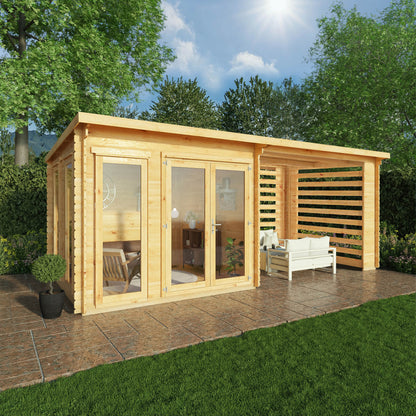 6M X 3M Studio Pent Log Cabin With Slatted Area - 28Mm