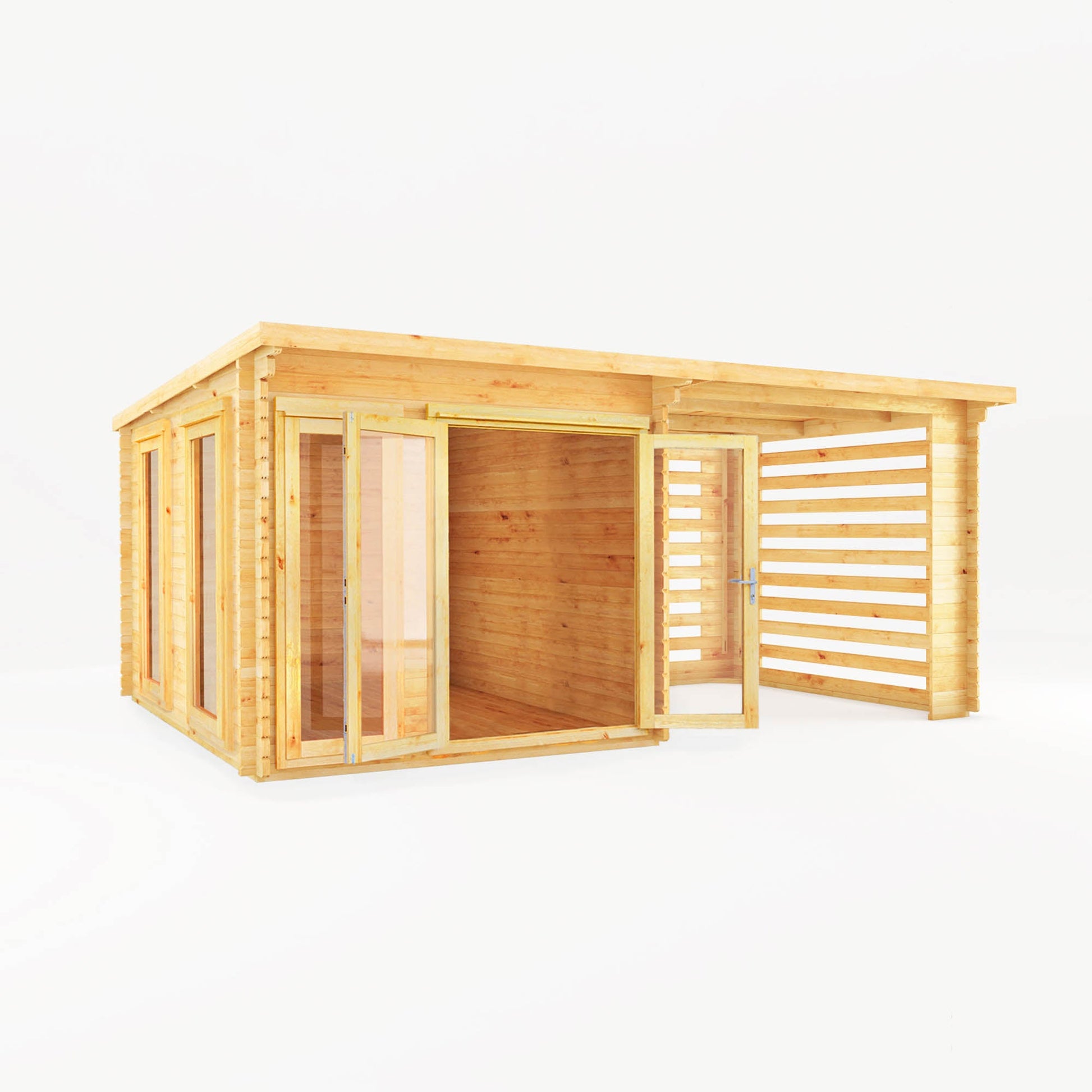 6M X 3M Studio Pent Log Cabin With Slatted Area - 44Mm