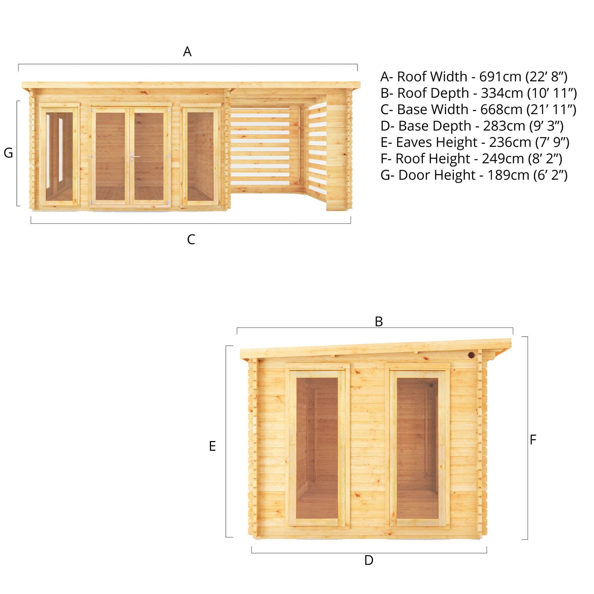 7M X 3M Studio Pent Log Cabin With Slatted Area - 44Mm