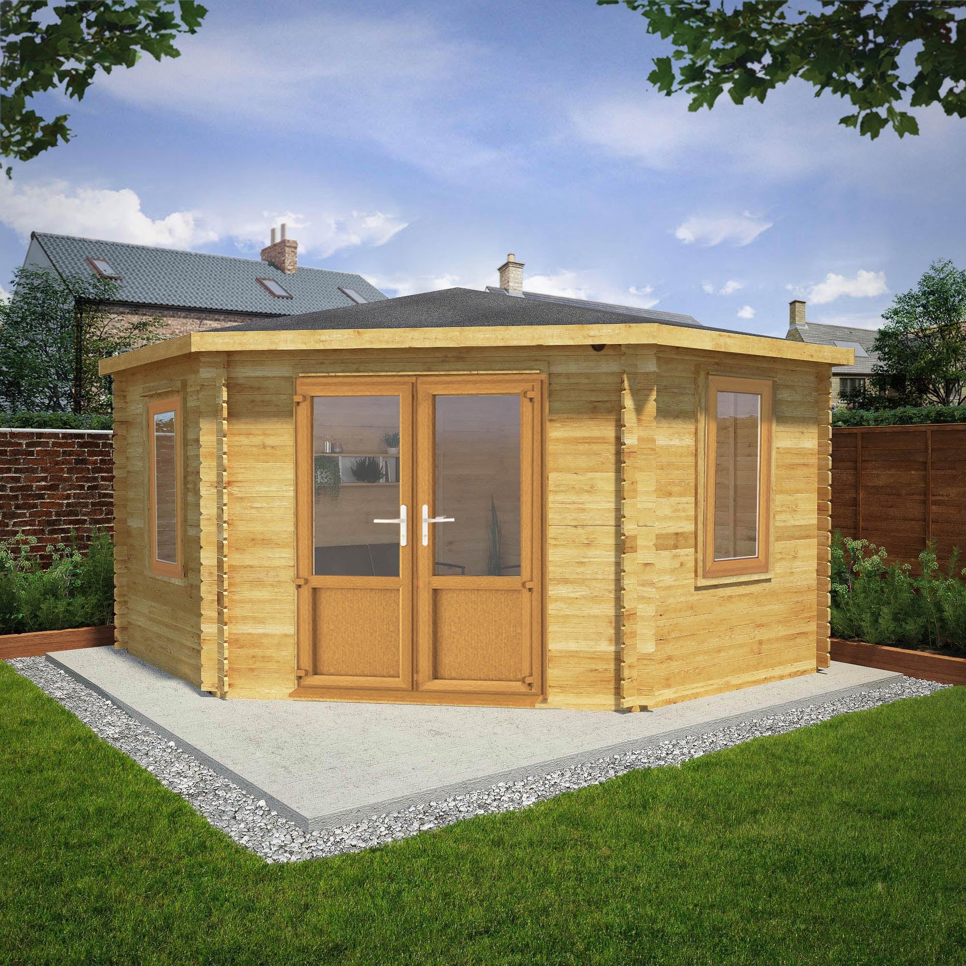 4M X 4M Corner Cabin - 44Mm (Upvc Windows & Door) - Oak