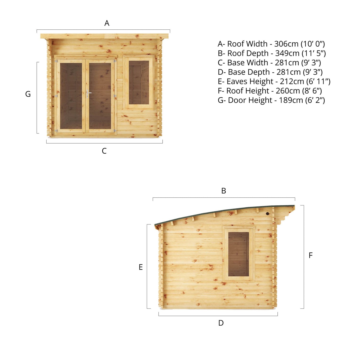 3M X 3M Curved Roof Log Cabin - 44Mm