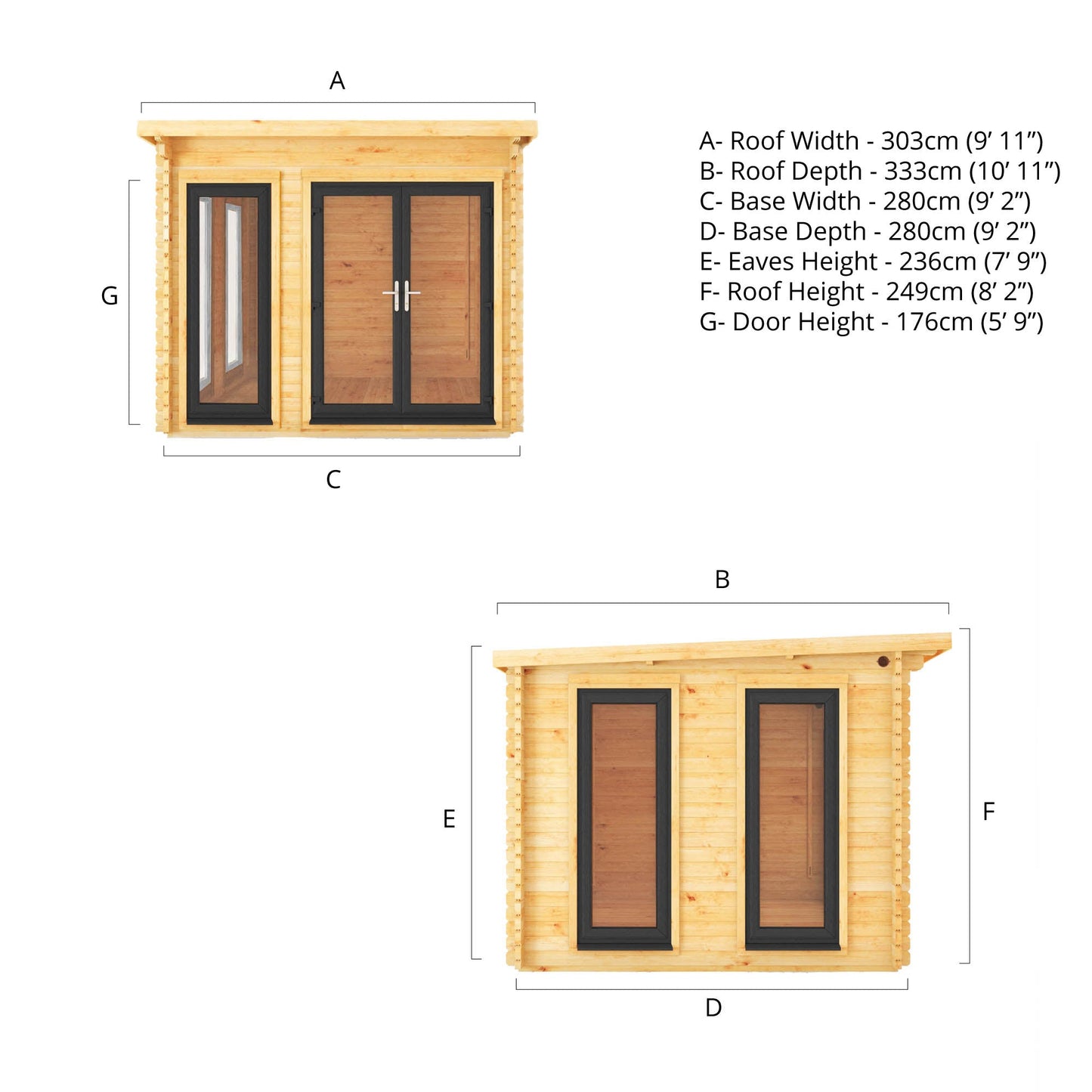 3M X 3M Studio Pent Log Cabin - 44Mm - (Upvc Windows & Doors) - Grey