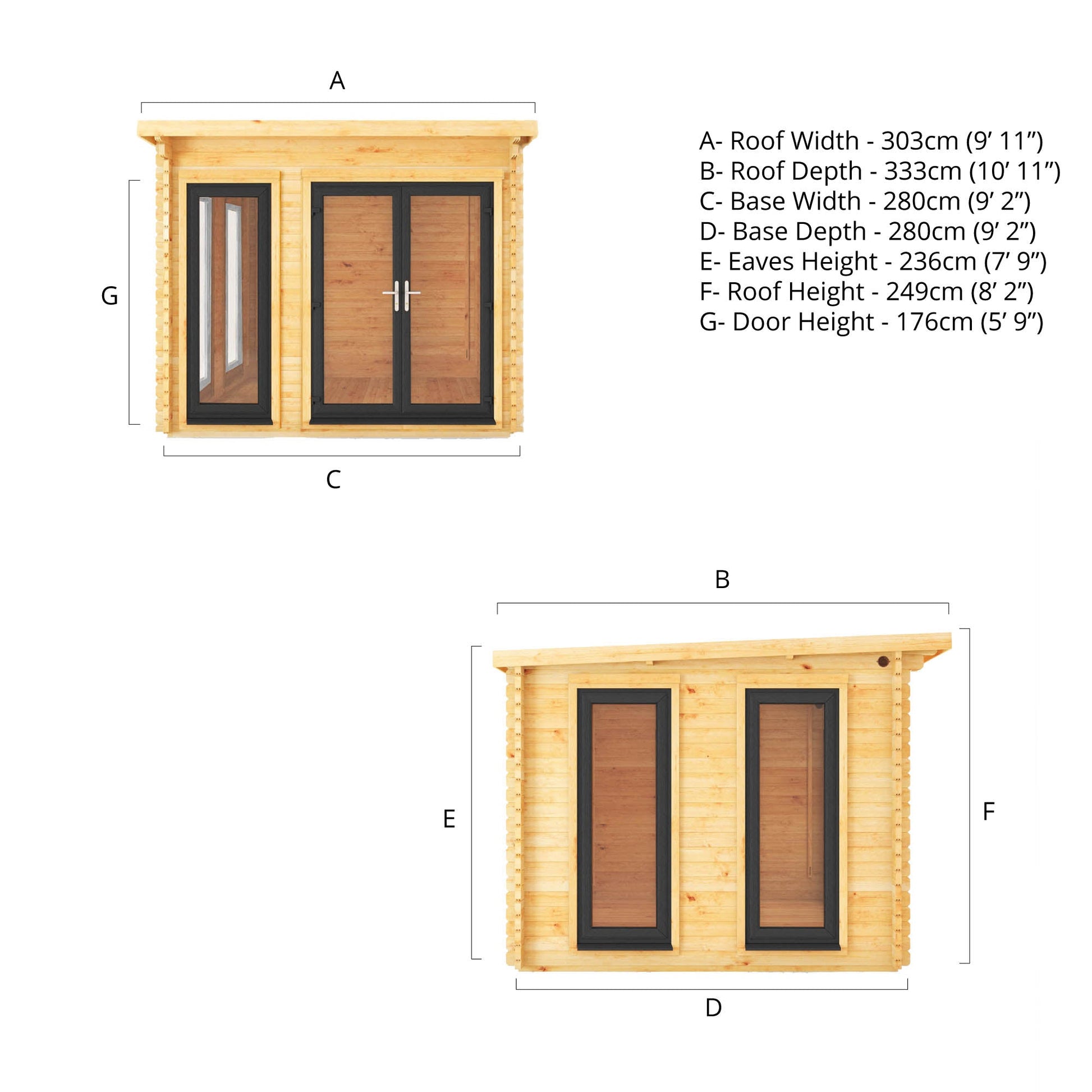 3M X 3M Studio Pent Log Cabin - 44Mm - (Upvc Windows & Doors) - Grey