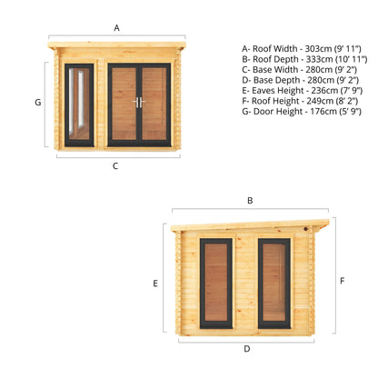 3M X 3M Studio Pent Log Cabin - 44Mm - (Upvc Windows & Doors) - Grey