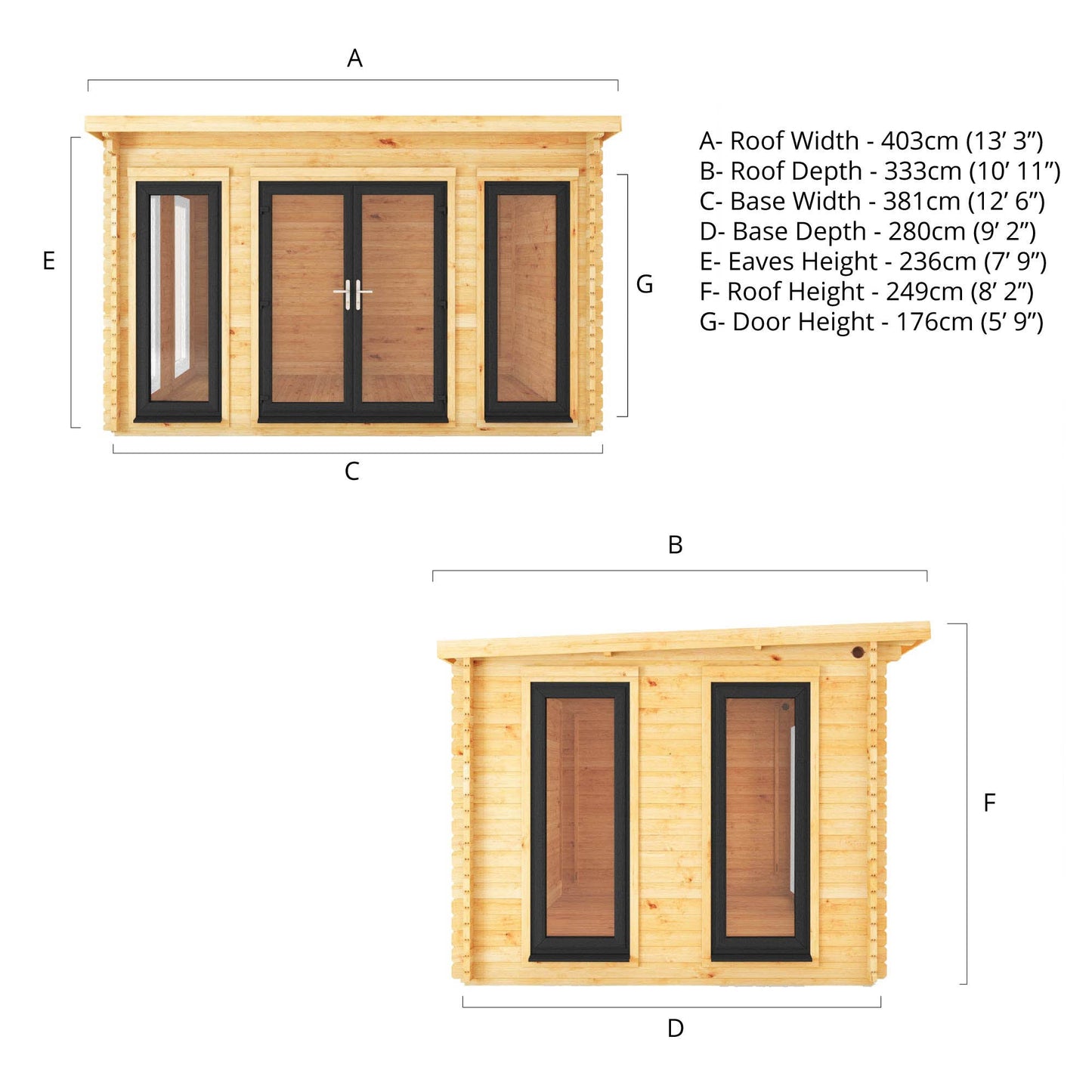 4M X 3M Studio Pent Log Cabin - 44Mm (Upvc Windows & Door) - Grey