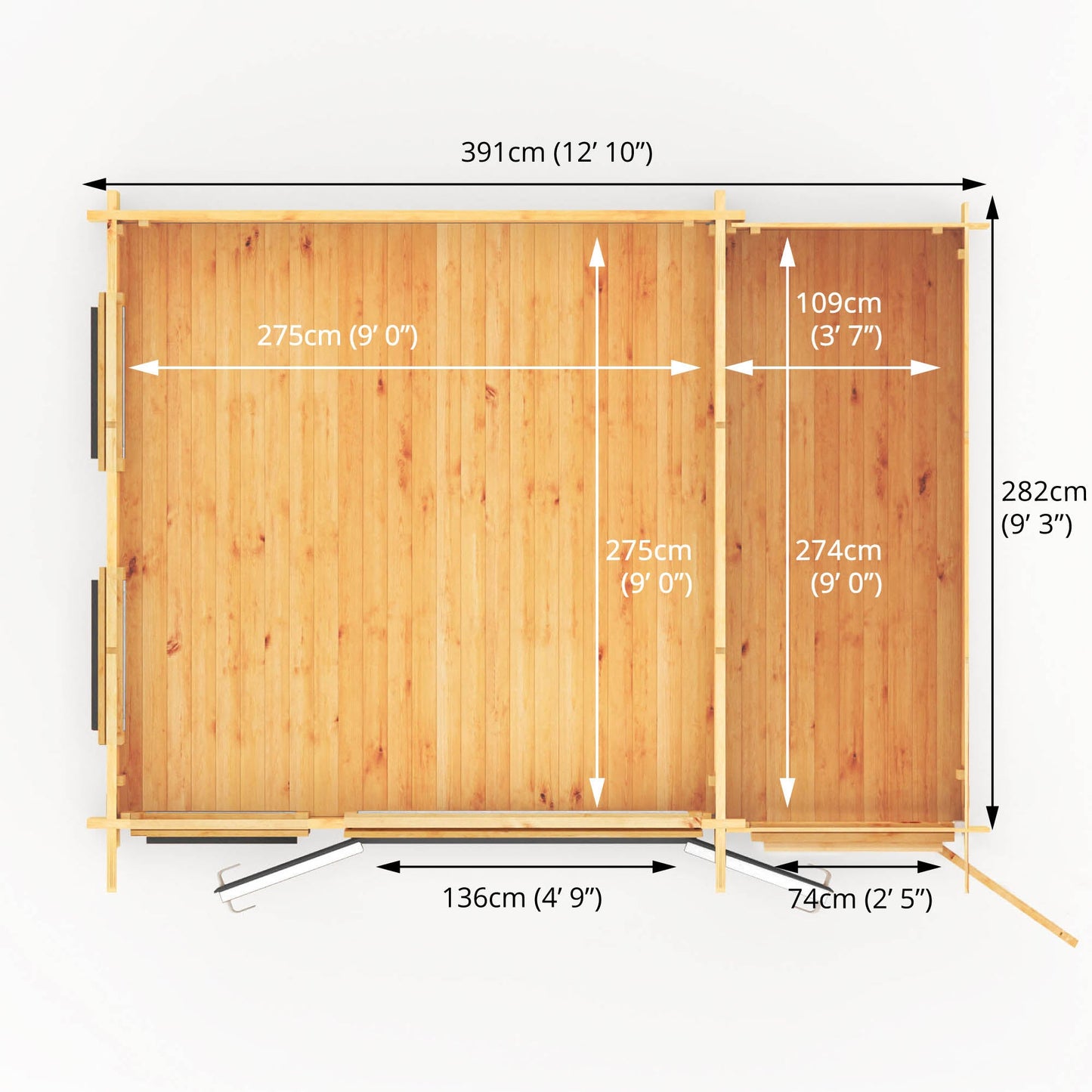 4.1M X 3M Studio Pent Log Cabin With Side Shed - 44Mm  (Upvc Windows & Door) - Grey