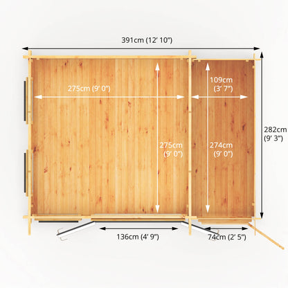 4.1M X 3M Studio Pent Log Cabin With Side Shed - 44Mm  (Upvc Windows & Door) - Grey