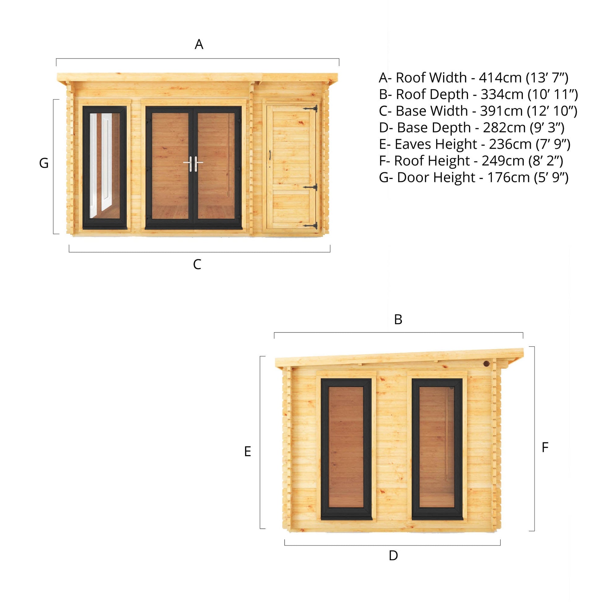 4.1M X 3M Studio Pent Log Cabin With Side Shed - 44Mm  (Upvc Windows & Door) - Grey