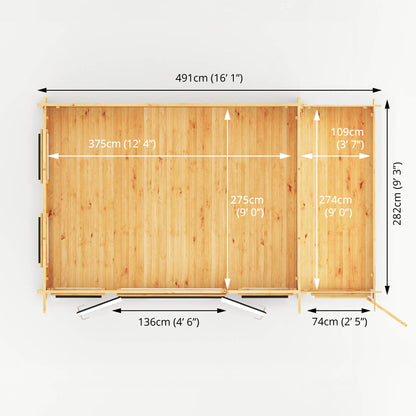 5.1M X 3M Studio Pent Log Cabin With Side Shed - 44Mm  (Upvc Windows & Door) - Grey