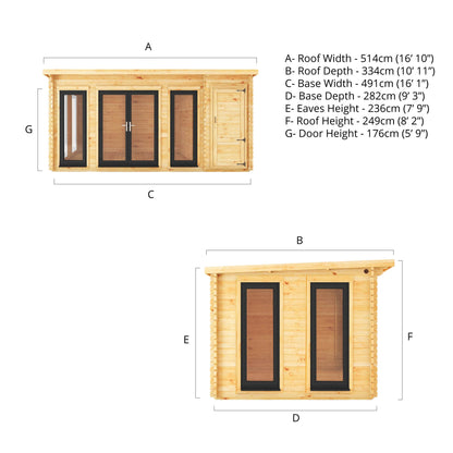 5.1M X 3M Studio Pent Log Cabin With Side Shed - 44Mm  (Upvc Windows & Door) - Grey