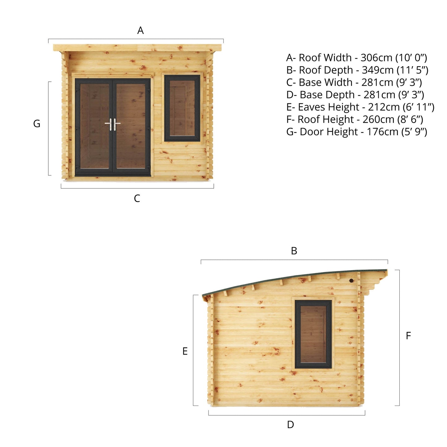 3M X 3M Curved Roof Log Cabin - 44Mm (Upvc Windows & Door) - Grey